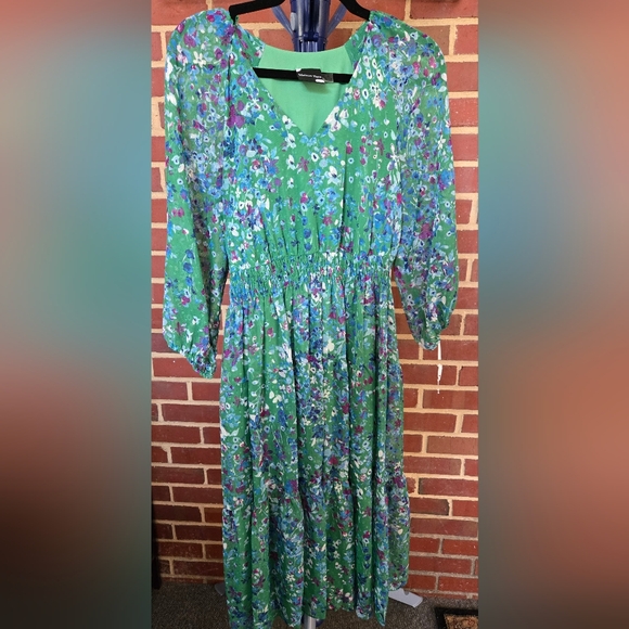 MAISON TARA Floral GARDEN Spring Boho V Neck Green Blue Dress 6 - Picture 2 of 5